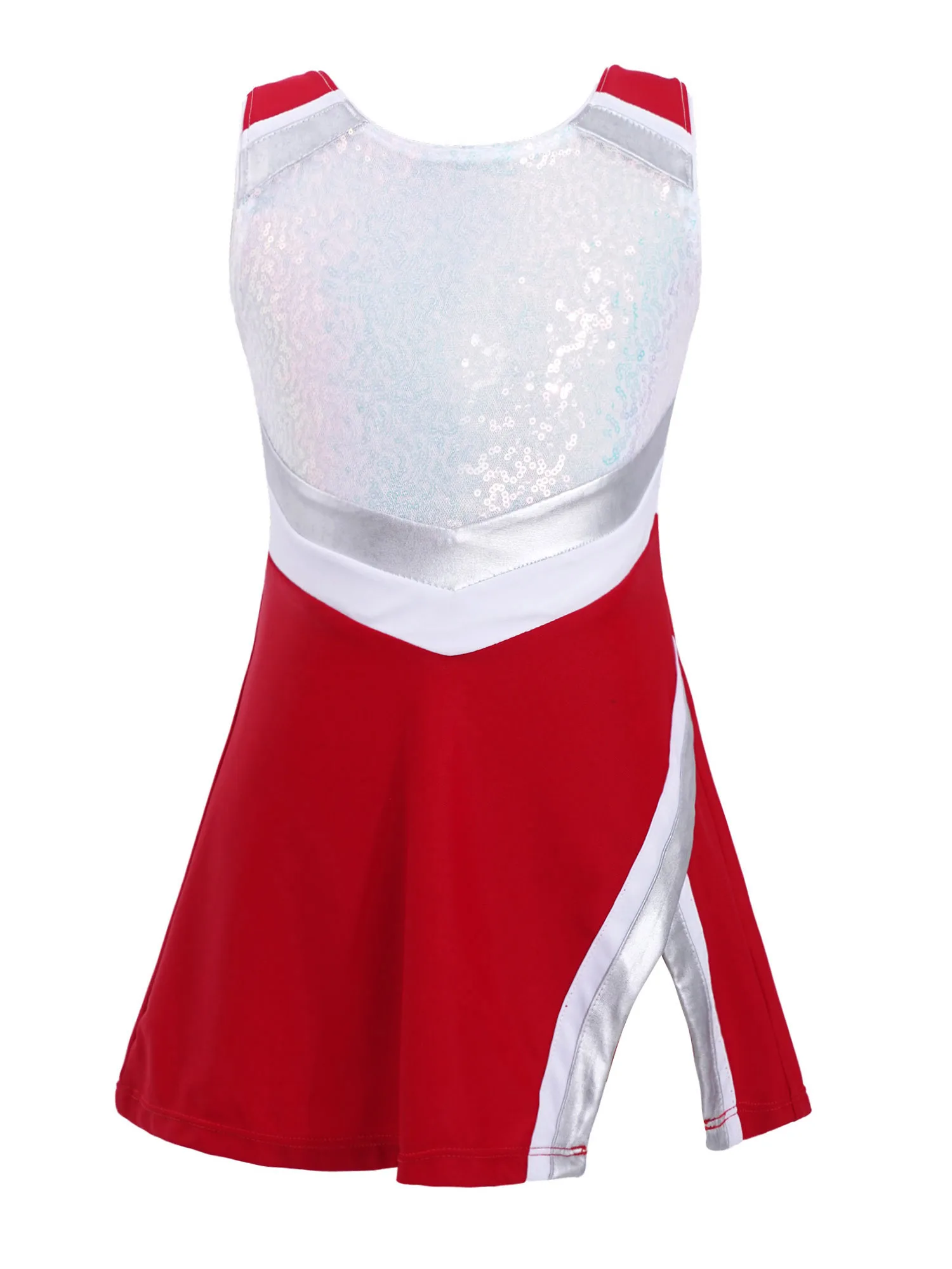 Kids Girls Sleeveless Sequins Cheerleader Dancewear Sparkly Stage Performancae Gymnastics Dance Dress Costume with Shorts Outfit