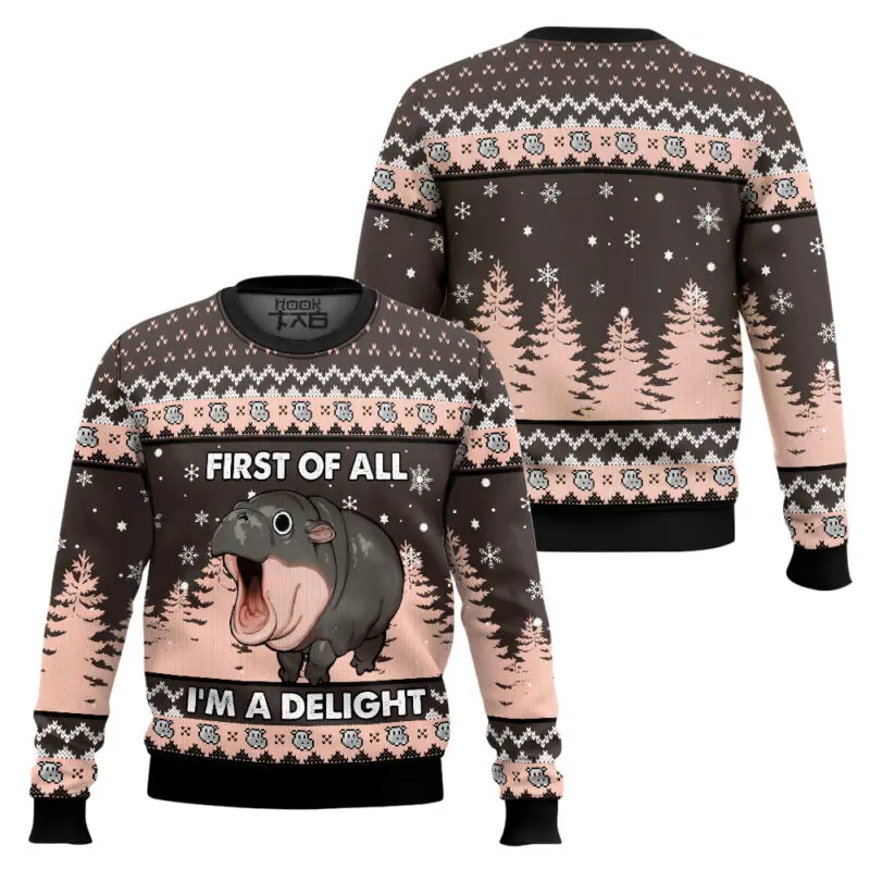 

First of All I’m a Delight Hippo Ugly Sweater Winter Warm Cozy Funny Xmas Pullover Holiday Party Family Kids Christmas Gift