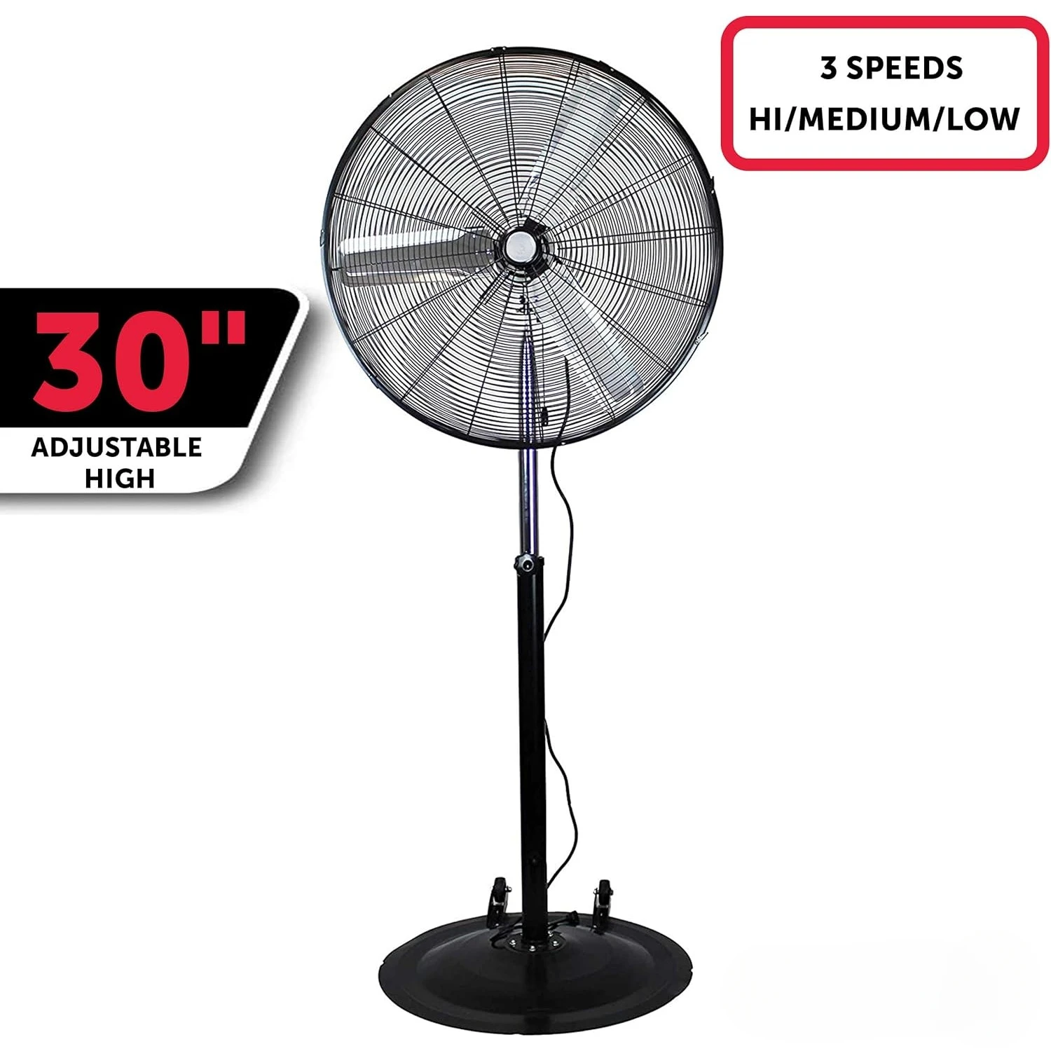 30 Inch Adjustable Height Pedestal Fan; Commercial Grade Non-Oscillating Fan, Effortlessly Cool Your Shop, Garage, or Workspace