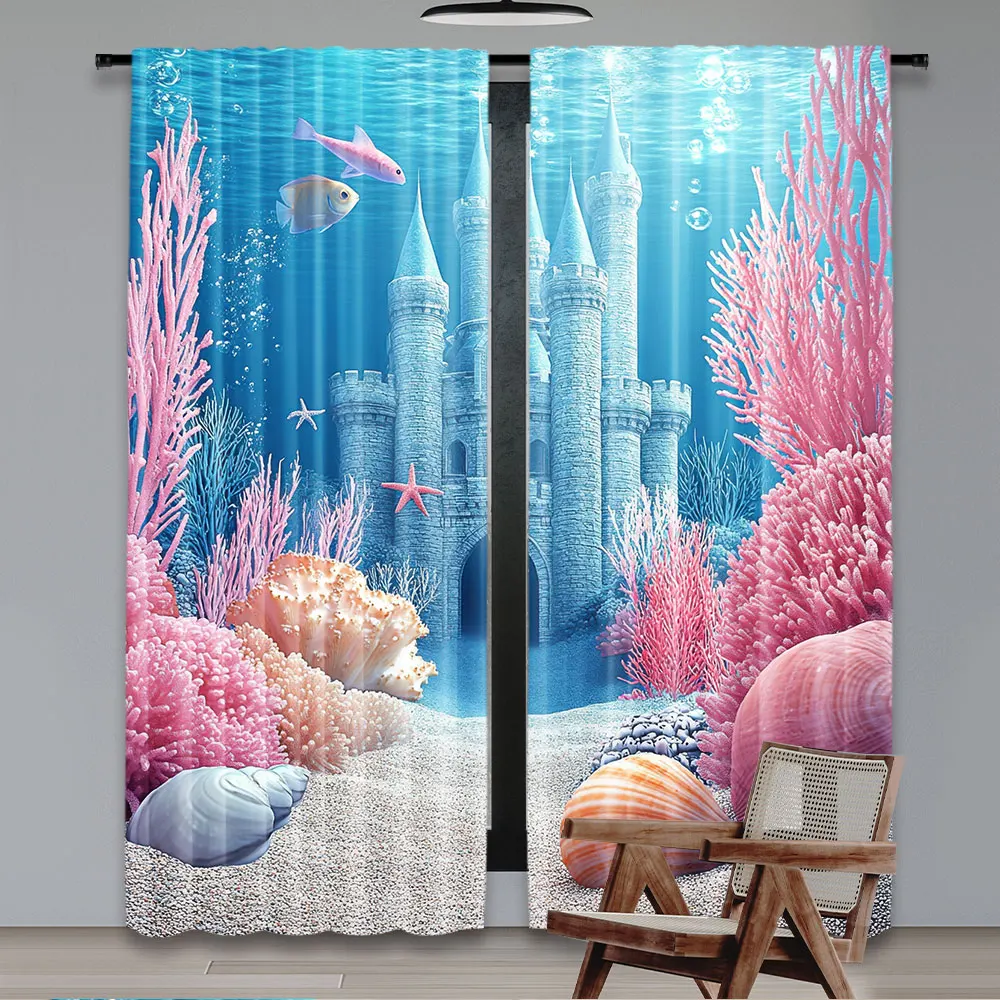 2Pcs Underwater World Curtain Sea Castle Coral Reef Window Drapes Suitable For Bedroom Living Room Dining Room Study Office A