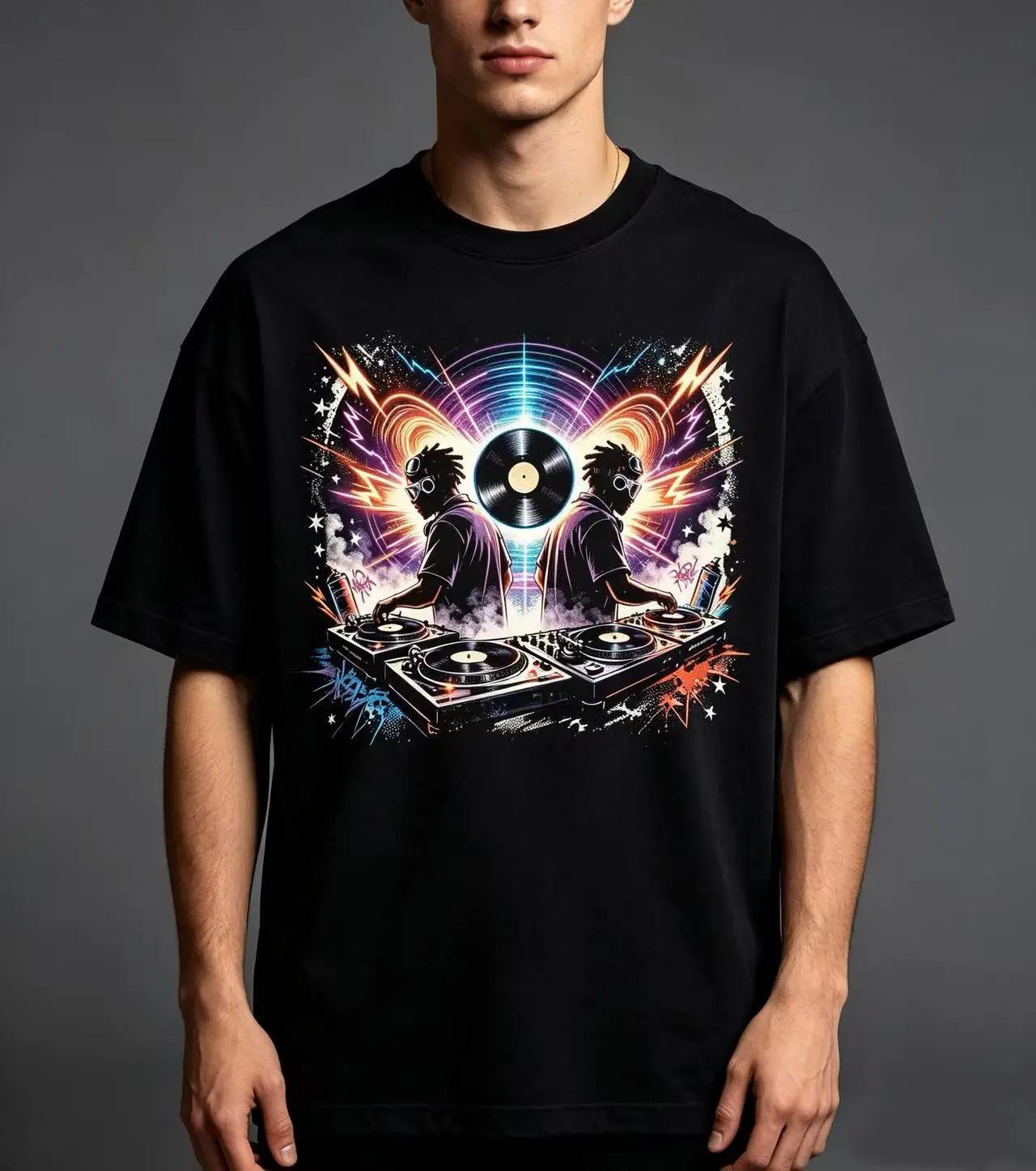 Unisex DJ Turntable Vinyl Record Music Graphic T Shirt Men Women Colorful Neon Party Graffiti Print Oversized Crew Neck Short Sleeve Streetwear Cotton Top