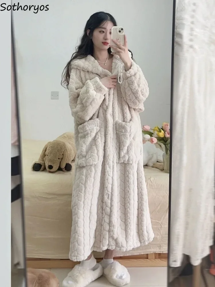 

Hooded Robes Women Pockets Solid Leisure Fluffy Cute Warm Winter Nightwear Cozy Korean Style Design Ladies Bathrobe Age-reducing