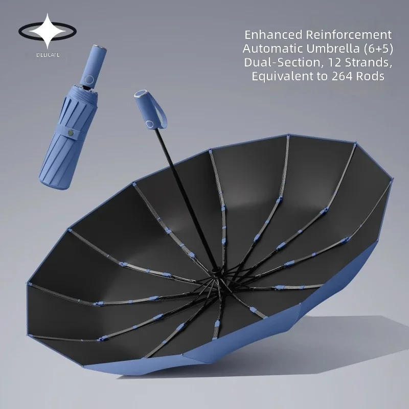 12-Rib Auto Open & Close Folding Umbrella with 6+5 Segmented Composite Ribs, Natural Light Optimized Black Glue Coated UV Protec