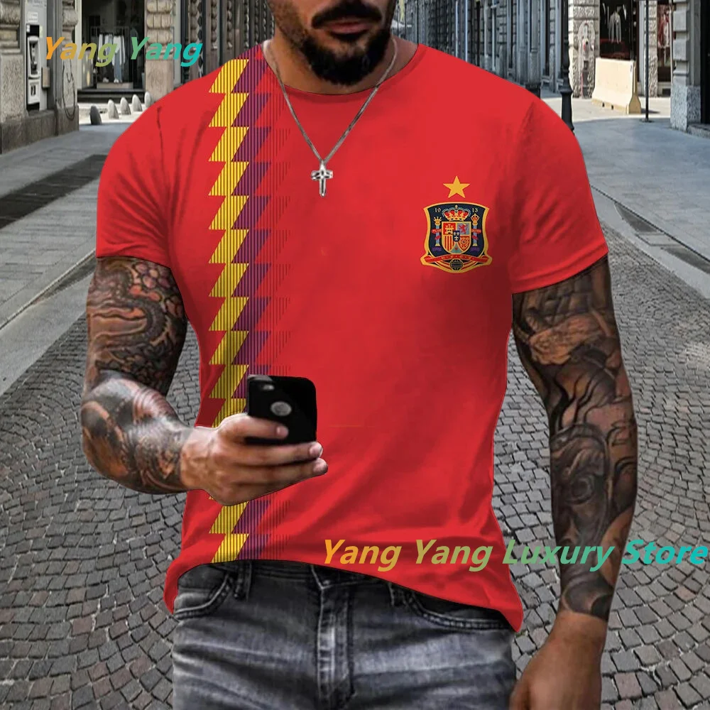 2024 New Cool Summer Unisex Spanish Flag 3D Printed T-shirt Men\'s and Women\'s Casual Spanish T-shirt Short Sleeved