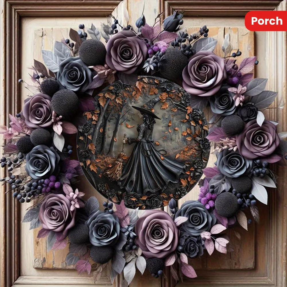 

Halloween Witch Silhouette Aluminum Hanging Sign - Vintage Pumpkin Witchcraft Wall Decor, Halloween Holiday Decoration, 2D