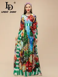 LD LINDA DELLA 2023 Runway Designer Vintage Dress Women's  Flower Color Round Neck Belt Architecture Print Streak Pleating Dress