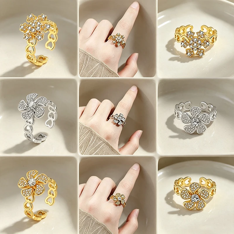 Romantic Fidget Anxiety Crystal Flower Spinner Ring Anti Stress Hollow Heart Jewelry Girls Valentine's Day Rotate Rings Gifts