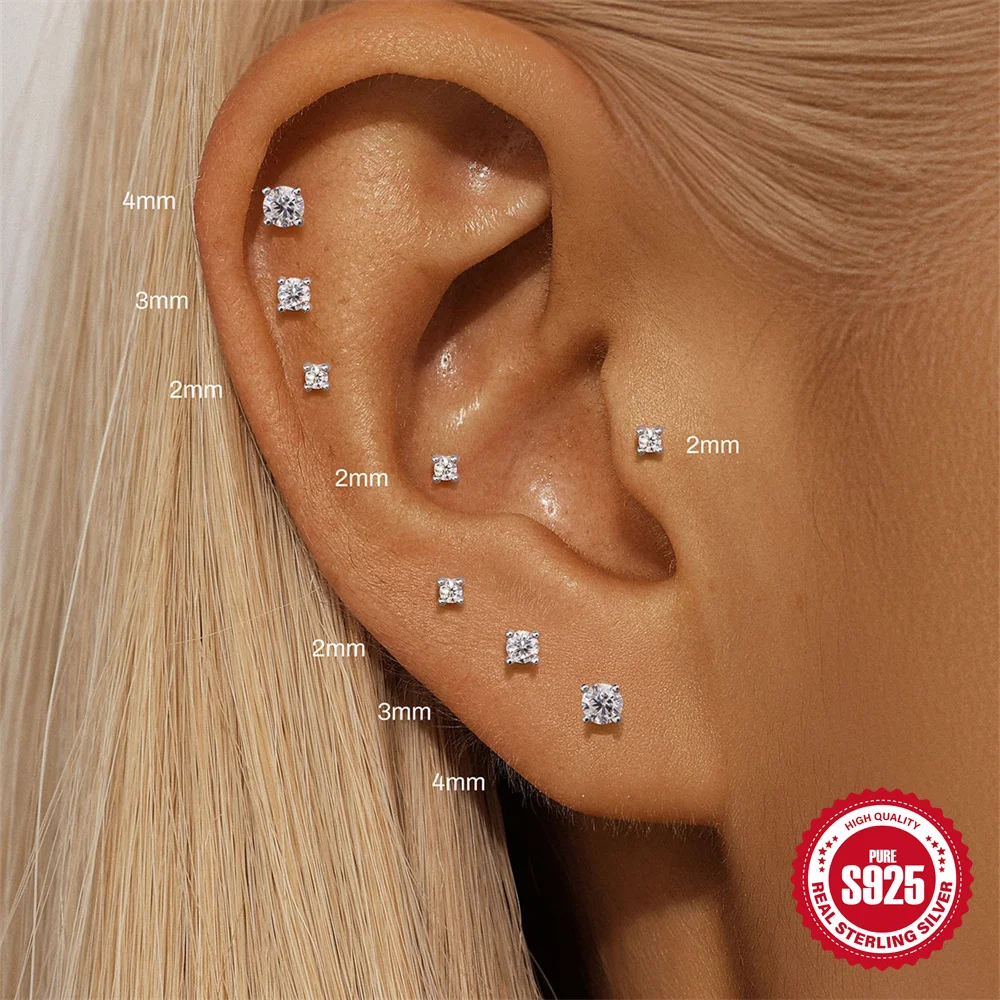 CANNER 1 STÜCK 2/3/4mm 4-Prong Moissanit Gewinde Knorpel 925 Sterling Silber Ohrstecker Für Frauen Ins Piercing Schmuck Geschenk – Detail 3