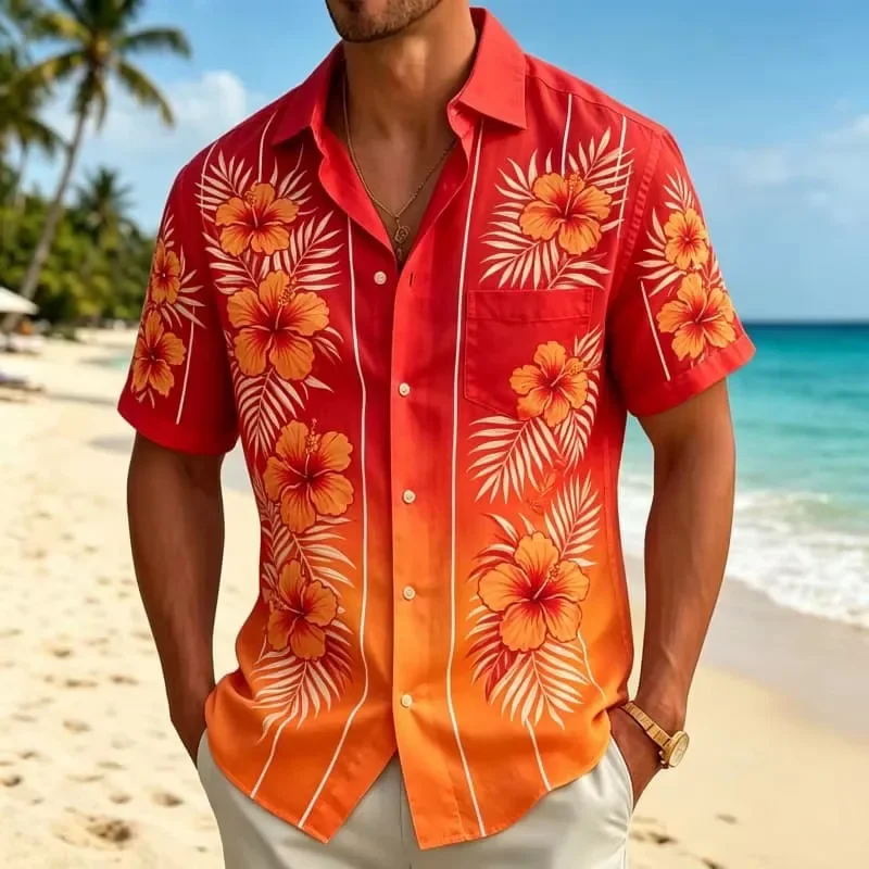 2026 Men's Hibiscus Palm Leaf Print Short Sleeve Lapel Shirt Summer Beach Loose Vacation Casual Mens Tops