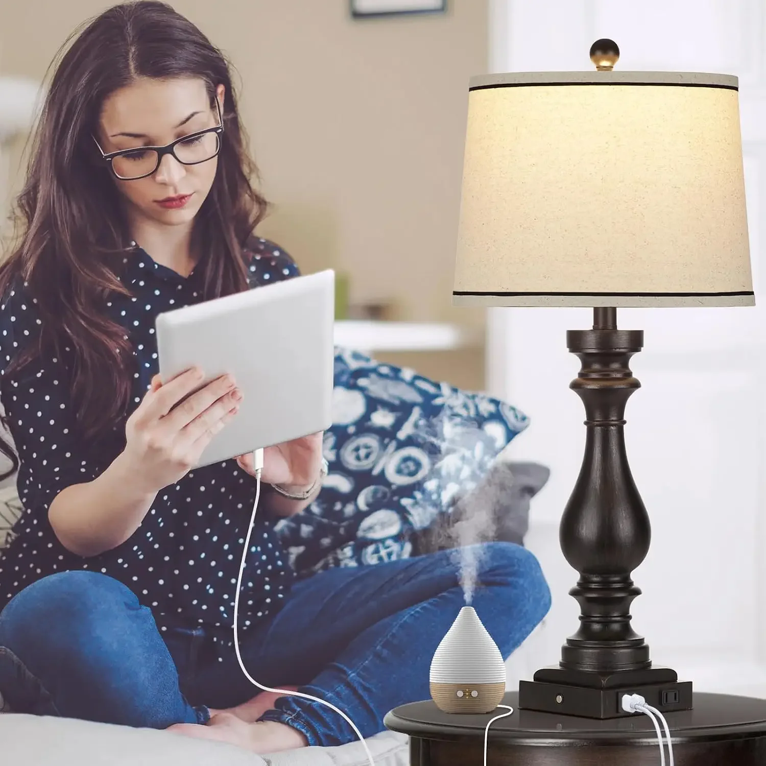 Vintage 29" Farmhouse Table Lamp with USB-C & AC Outlet, 3-Way Touch Dimmable, Retro Bedside Nightstand Light, Black view 3
