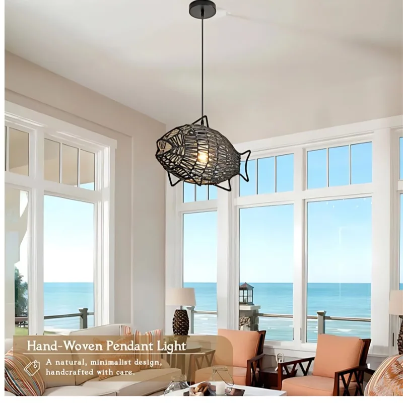 Single Double Head Rattan Hemp Rope Pendant Lamp Hand Woven Vintage Light for Clothing Store Living Space Cafe