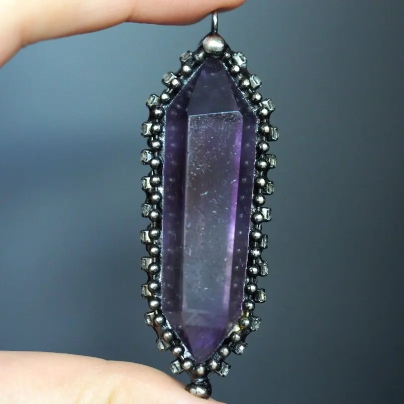 

Handmade Vintage Soldered Pendant Antique Silver Plated Hexagon Double Terminated Point Irregular Amethyst Crystal