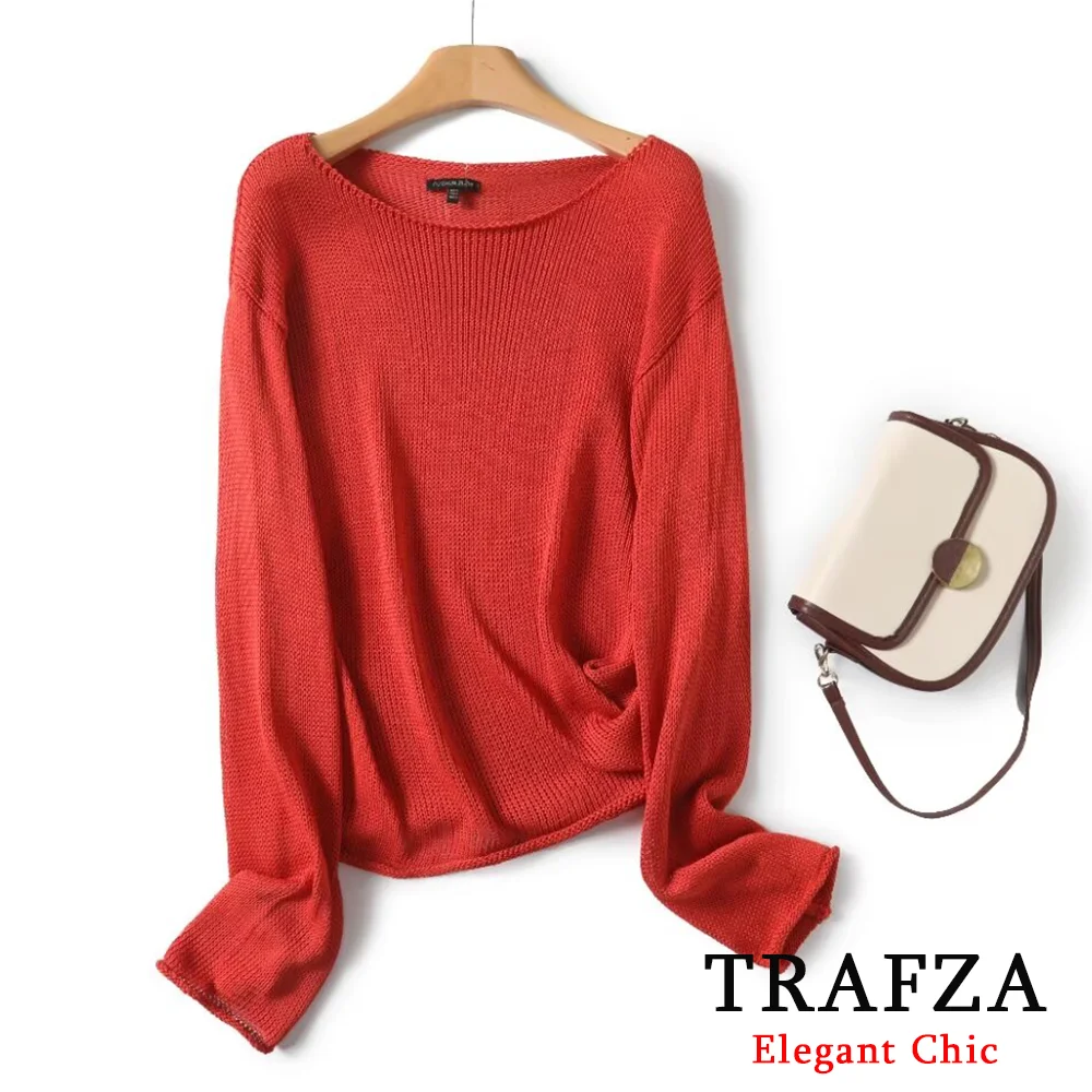 TRAFZA French Luxury Casual Solid Knit Pullover Women's Boat Neck New 2024 Fall Winter Loose  Relaxed Style Sweater Pullover