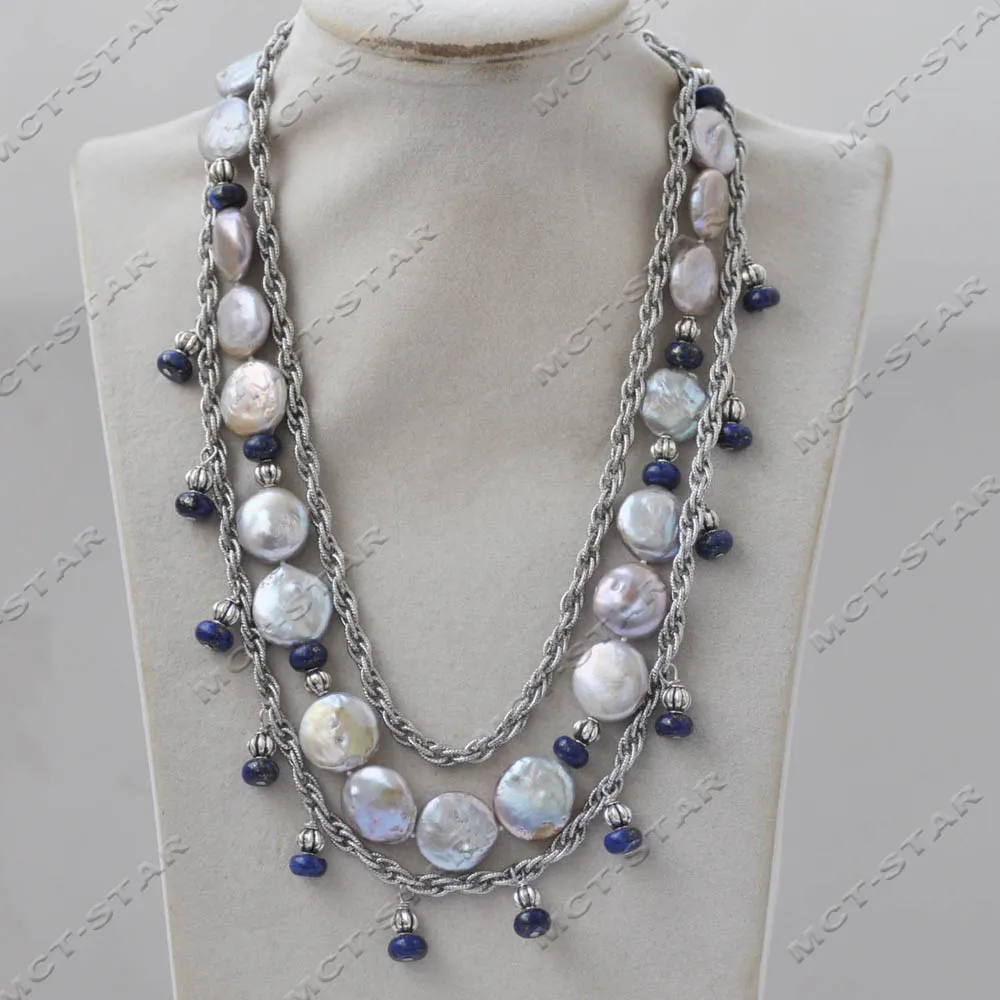 Z14023 3Row 20'' 16mm Gray Keshi Reborn Coin Pearl Blue Rondelle Lapis lazuli Necklace Pendant Custom Jewelry