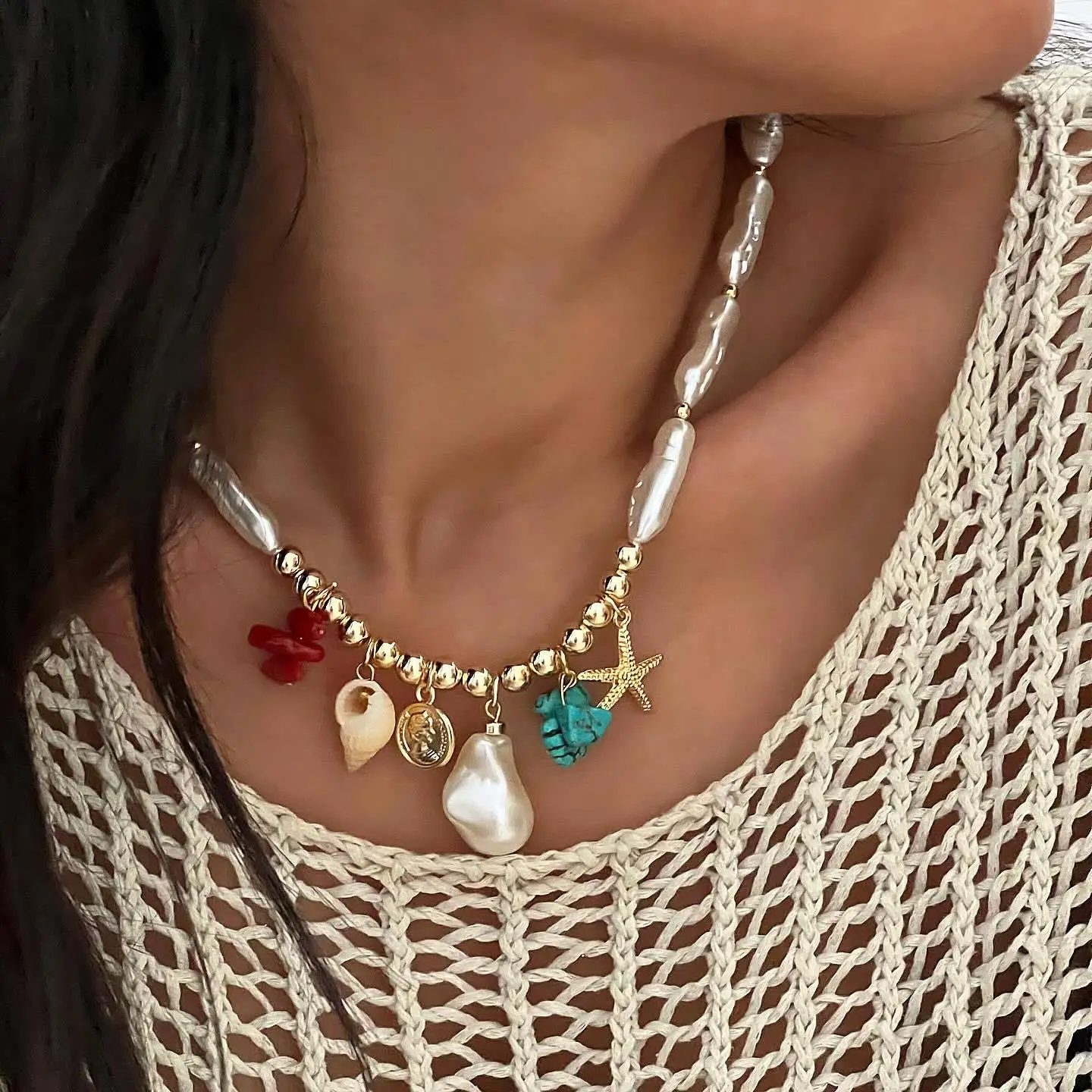 Bohemian Colorful Exquisite Gravel Shell Starfish Imitation Pearl Necklace for Women Girl Irregular Vacation Jewelry Accessories