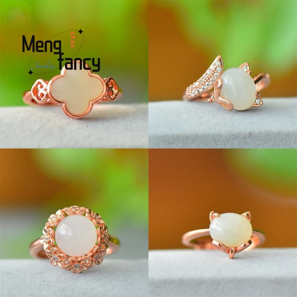 

Медное кольцо с инкрустацией натуральным белым нефритом Хэтянь в форме лисьего яйца, регулируемое, изысканное модное украшение, подарок для молодых девушек на праздник