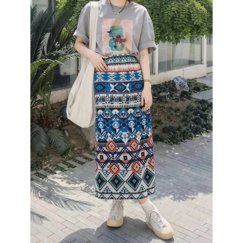 Miyake Pleated Printed Skirt Women Plisse 2026 Summer New Fashion Jupe Versatile Casual Slim Fold Slit Straight Skirt Half Skirt