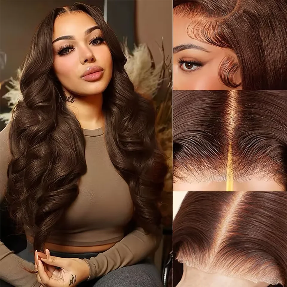Peluca de cabello humano vietnamita virgen con frontal de encaje 13x4, color marrón chocolate transparente, Body Wave, #4 marrón, densidad 220%, frontal de encaje HD 13x6, color marrón chocolate, Body Wave 13x4 con frontal HD 2