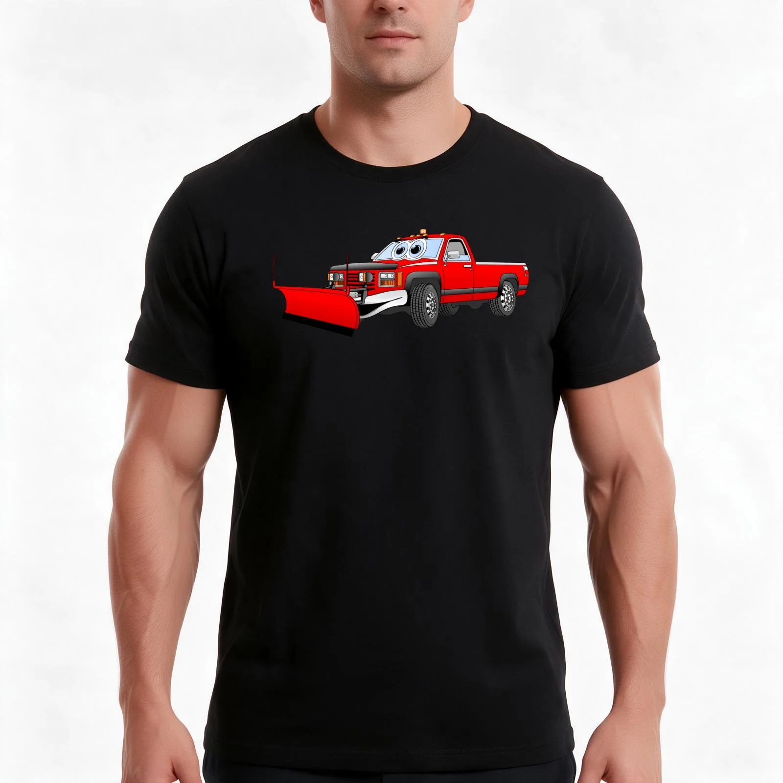 Red R Pick Up Truck Snow Plow Cartoon T-Shirt, Summer Casual Cotton Tee, Oversized Streetwear Tops, Vintage Graphic Print