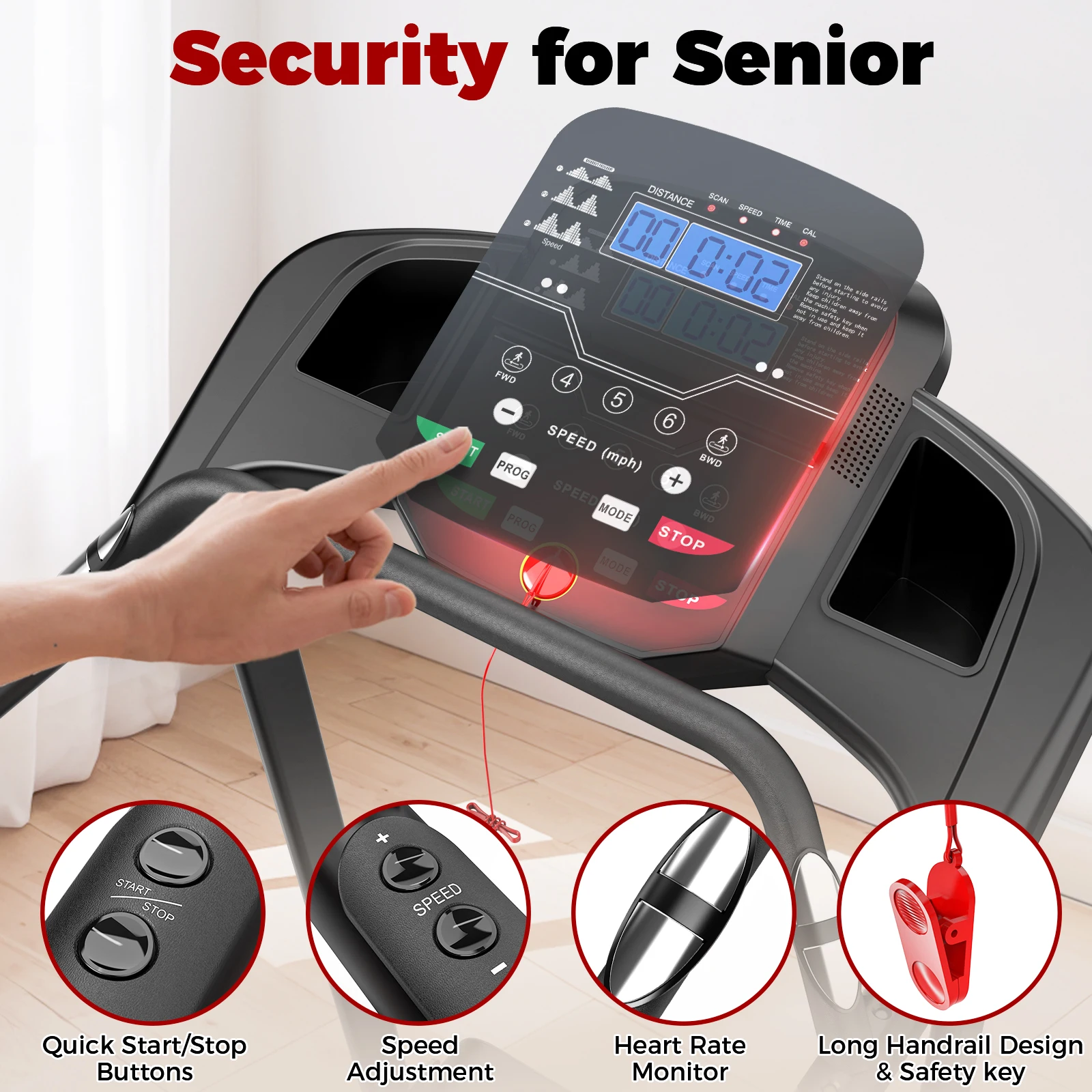 Foldable Walking Pad with Long Handrail for Seniors & Heavy Individuals, 300 Lbs Capacity Treadmill with Large LED Display, Stable & Safe Home Exercise Equipment