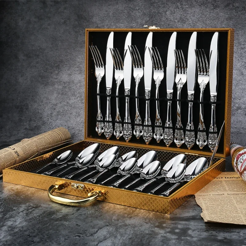 Stainless Steel Relievo Tableware Set, Banquet Western Tableware, Golden Gift Box, Retro Knife, Fork, Spoon, 24 Pcs