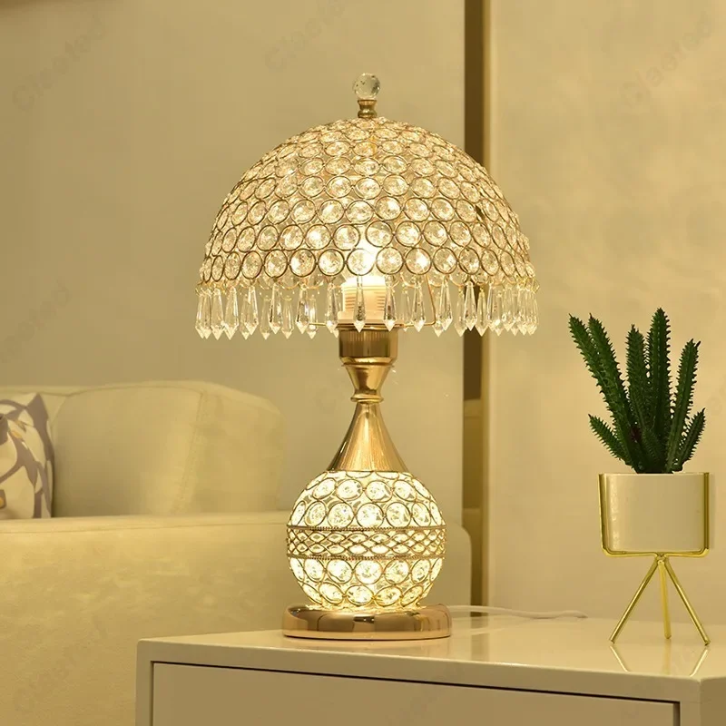 

Simple LED Fabric Lampshade Crystal Lamp Body E27 Desk Lamp Bedroom European Home Warm Luxury Romantic Bedside Lamp