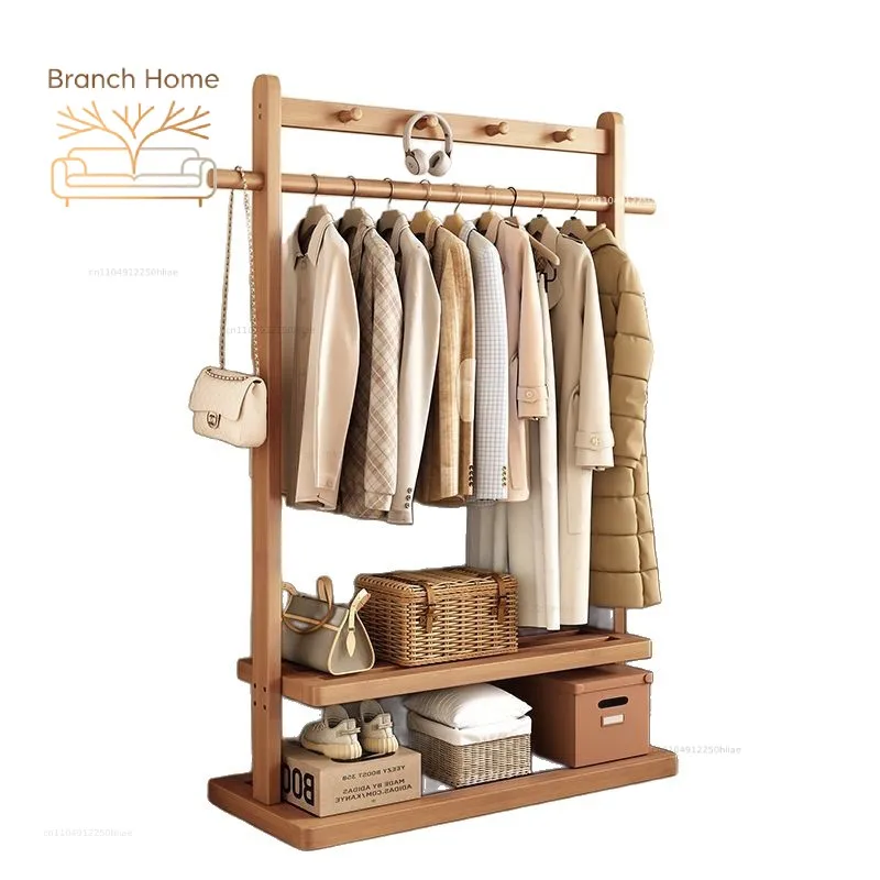 Hanger: Solid wood floor-to-ceiling bedroom coat rack, simple Chinese-style homestay clothing storage in home living room