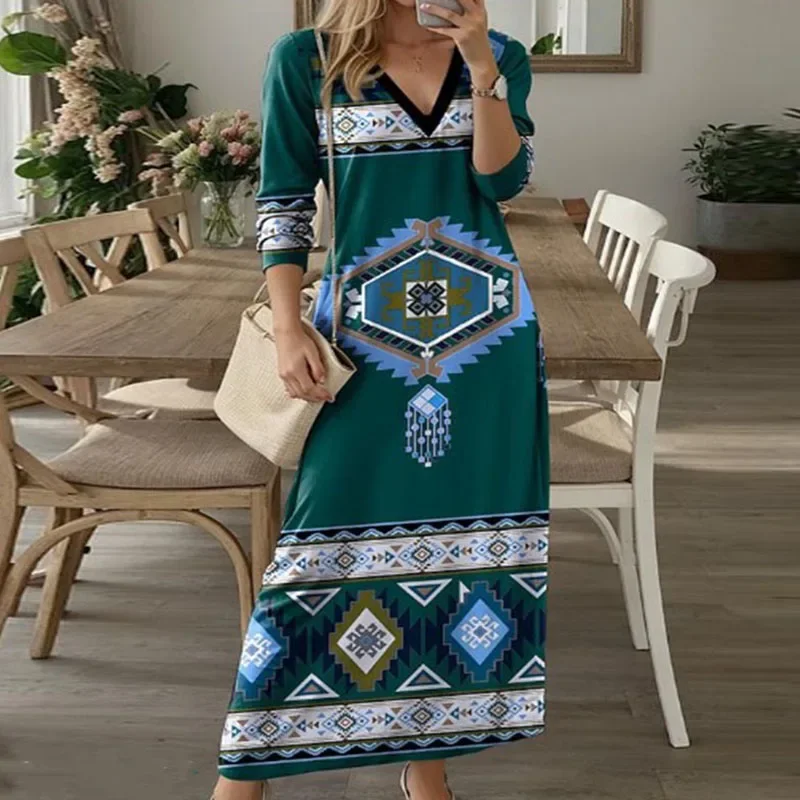 Vestido largo de manga larga con estampado de patrón Vintage para mujer, vestido holgado con cuello en V, estilo bohemio, para vacaciones y playa, otoño