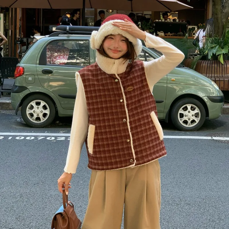 Plaid Vest Women Faux Fur Collar Buttons Pockets Solid Cozy Retro Street Style Casual Fall Winter Trendy Lightweight Chic