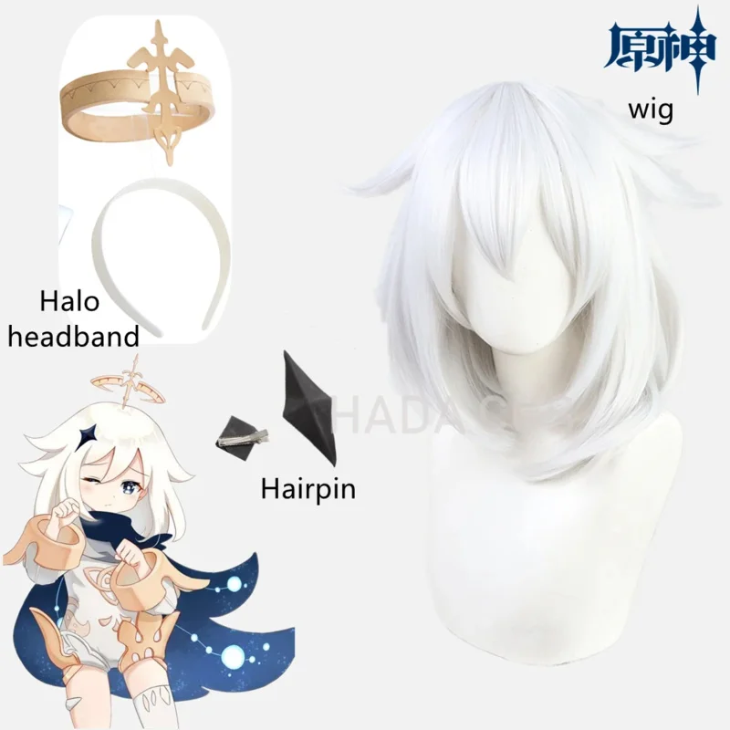 Perruque de Cosplay du Jeu Genshin Impact Paimon, Couleur Gris Argenté, Grande Structure Intérieure, Coiffure Anime, Halo, Accessoires en Épingle à Cheveux, UY7149, Nouvelle Collection