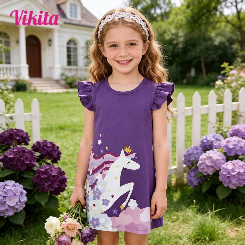 VIKITA Girls Purple Unicorn Floral Print Sleeveless Straight Summer Dress Kids Cotton Casual Daily Soft School Vestidos Outfit