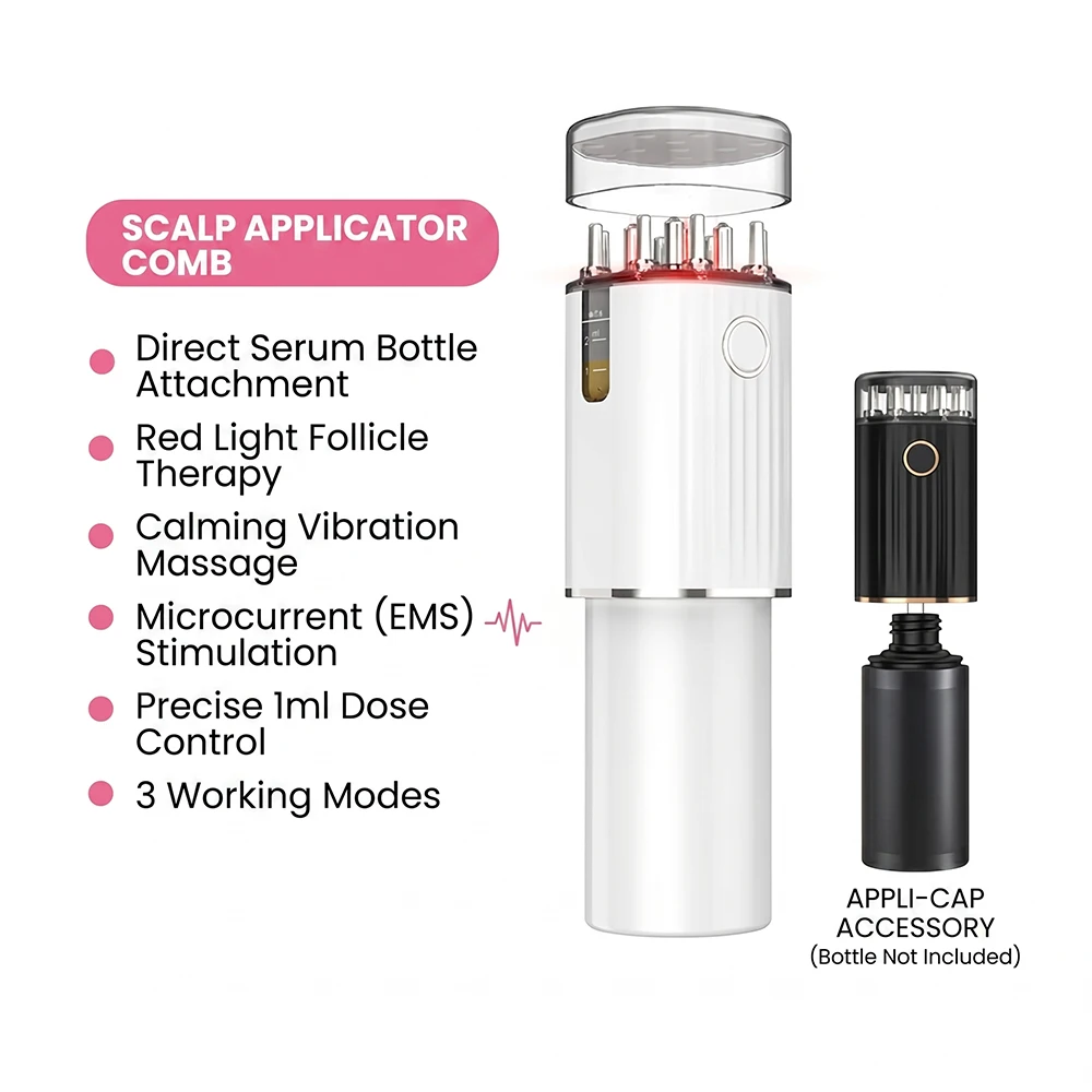 電動ヘアオイルアプリケーターコーム-赤色光頭皮マッサージ器-振動エッセンスディスペンサー-充電式ヘアケアコーム