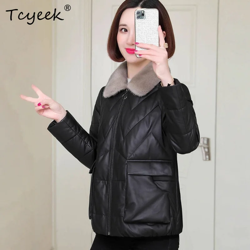 Tcyeek Real Leather Jacket for Women 2026  Genuine Sheepskin Down Coat Lady's Warm Clothes High Quality Mink Fur Collar Chaqueta