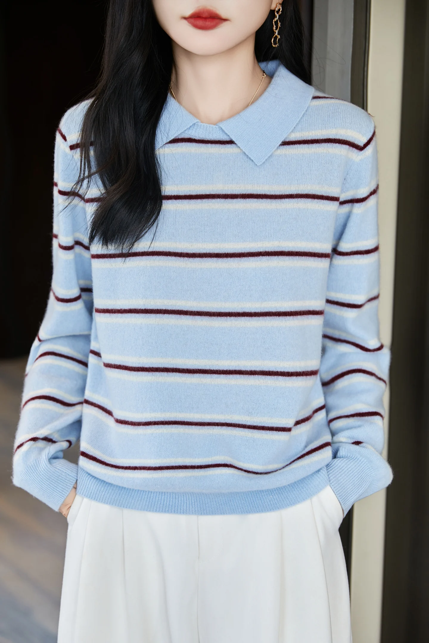

Women Striped Pullover Sweater 100% Merino Wool Turn-down Collar Long Sleeve Cashmere Knitwear Korean Fashion Autumn Winter Top