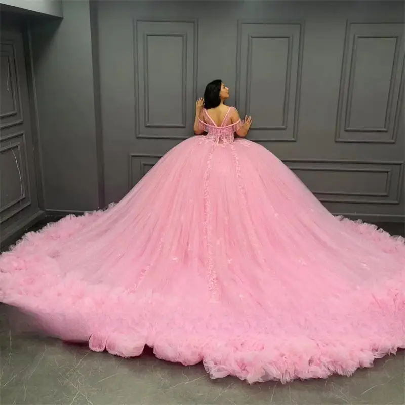 Customized Mexico Pink Bead Appliques Quinceanera Dresses Ball Gown Tassel Birthday Luxury Dress Ruffles Princess Gown Sweet 15