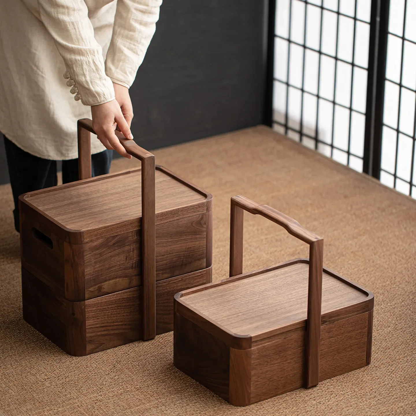 Walnut portable storage box Picnic basket Fruit pastry basket Tea set Storage with lid Multi-layer portable lunch box