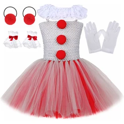 Creepy Clown Pennywise Costume for Girls Halloween Tulle Tutu Dress Grey Red Kids Carnival Party Scary Joker Dress Up Clothes