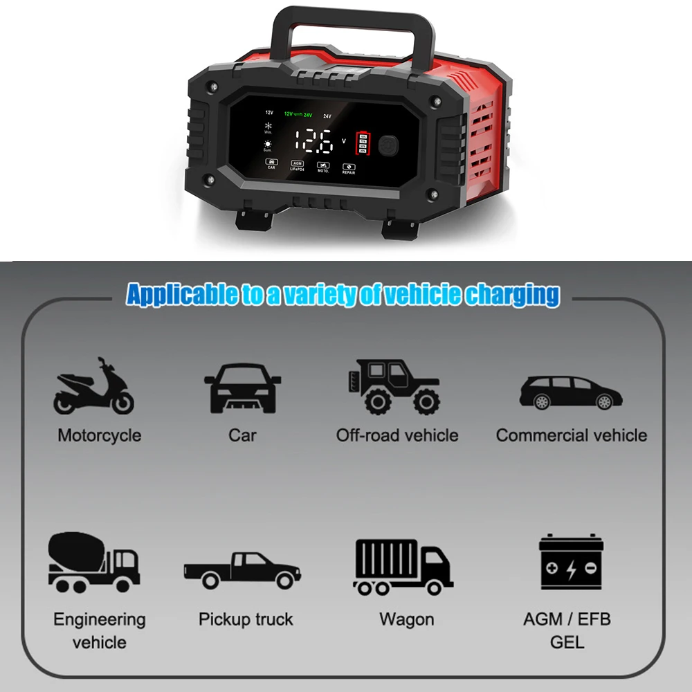 12V/24V Fully Automatic Battery Charger 7-segment Smart Car Battery Charger Pulse Repair for Agm Gel Wet Lead Acid Charging