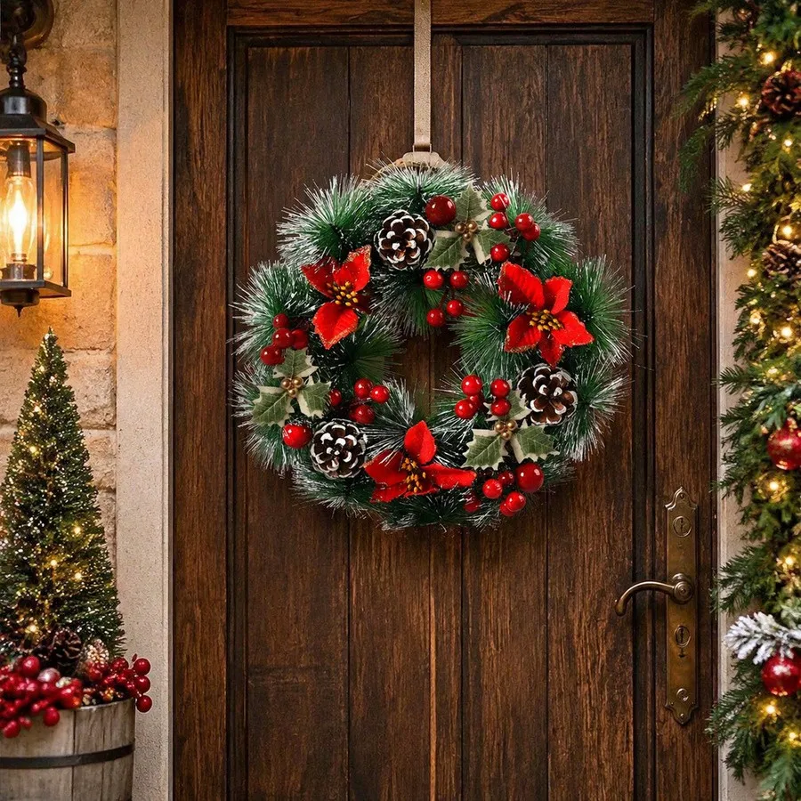 1Pc Christmas Wreath for Front Door,Artificial Wreath with Red Flowers Pinecones Fruit Leaves Snowflakes,Indoor Outdoor Home - view 3