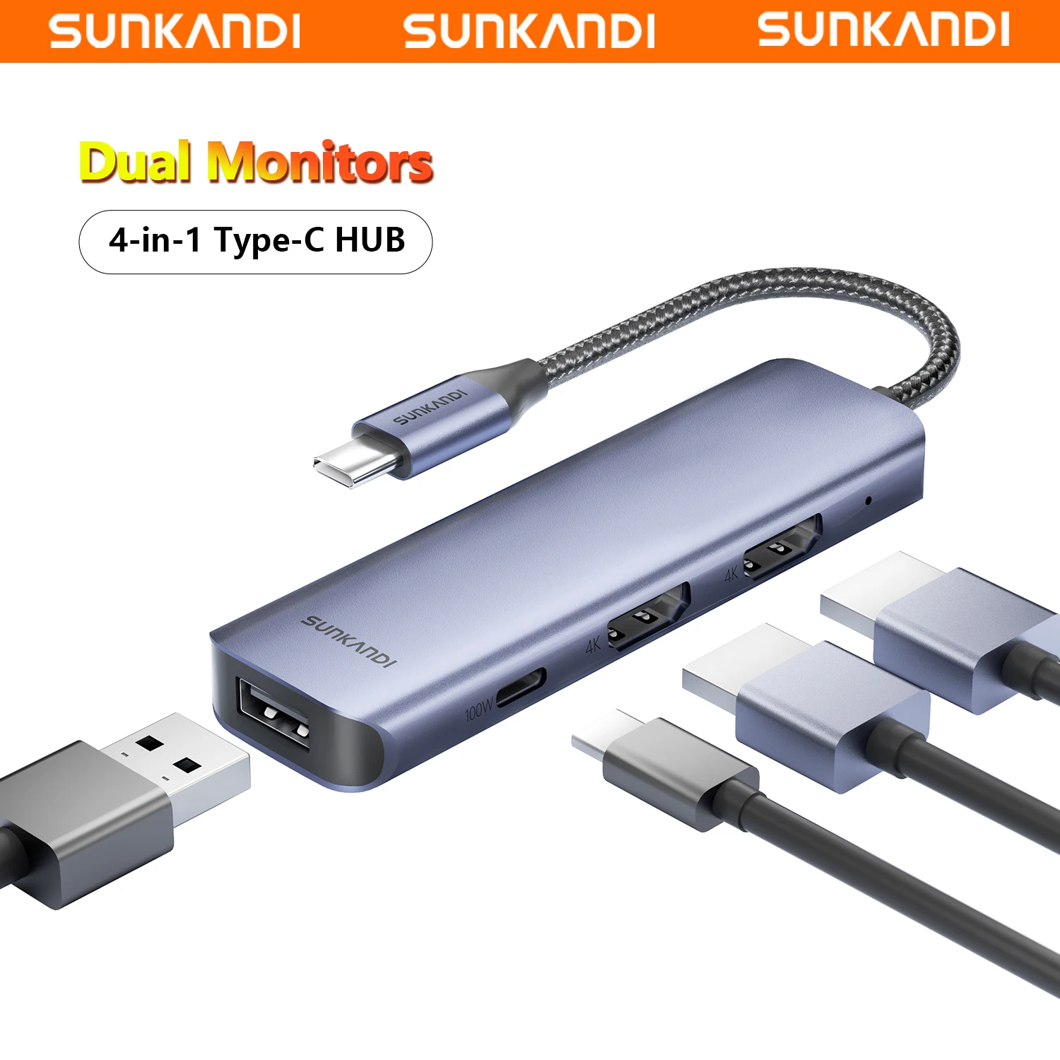 SUNKANDI USB C auf HDTV-Adapter, 4-in-1-USB-Hub, Multiport-HD-Adapter mit USB 2.0-Anschluss, PD 100 W Aufladung für Laptop MacBook XPS