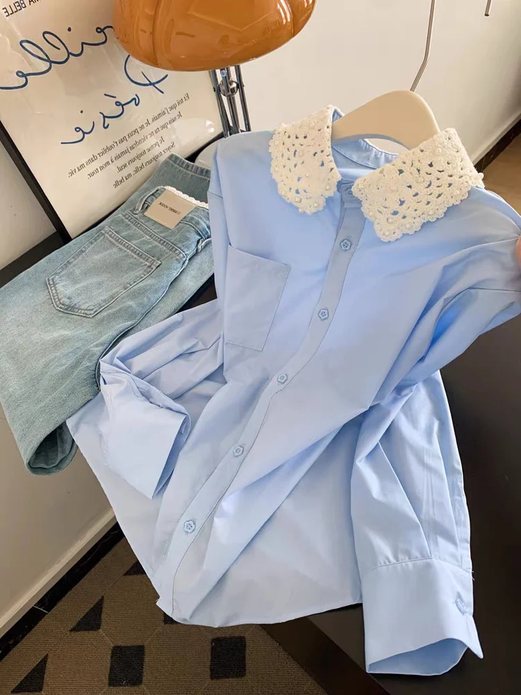 

Fre Blue Lace Collar Casual irt Women's Commute Spring Autumn Versatile Long Sve Button up Ladies Faion irt