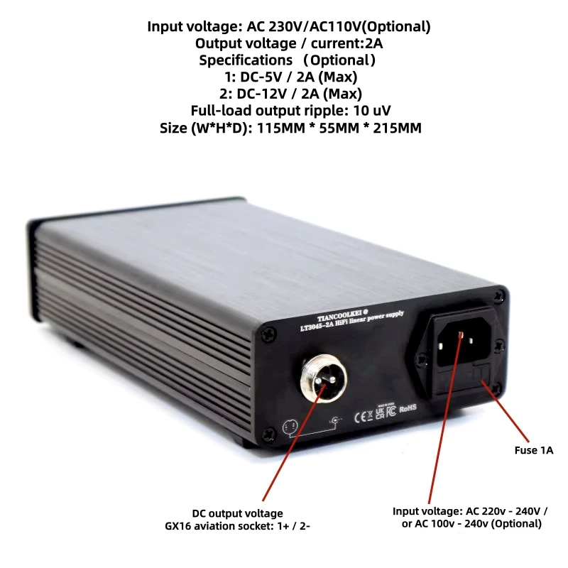 TIANCOOLKEI High-end 30W - LT3045 2A current Ultra-low ripple and low noise HiFi linear power supply OUT DC 5V 12V for DAC