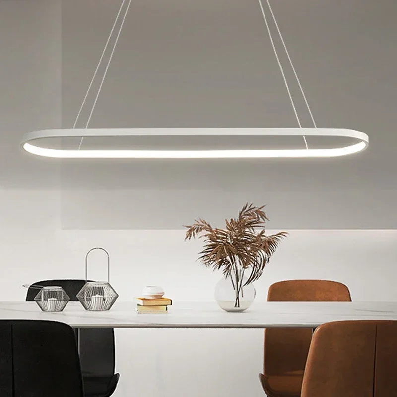 LED Pendant Light Modern Minimalist Long 70/90/120CM Oval Light Bedroom Living Room Study Bar Black White Home Decor Lights