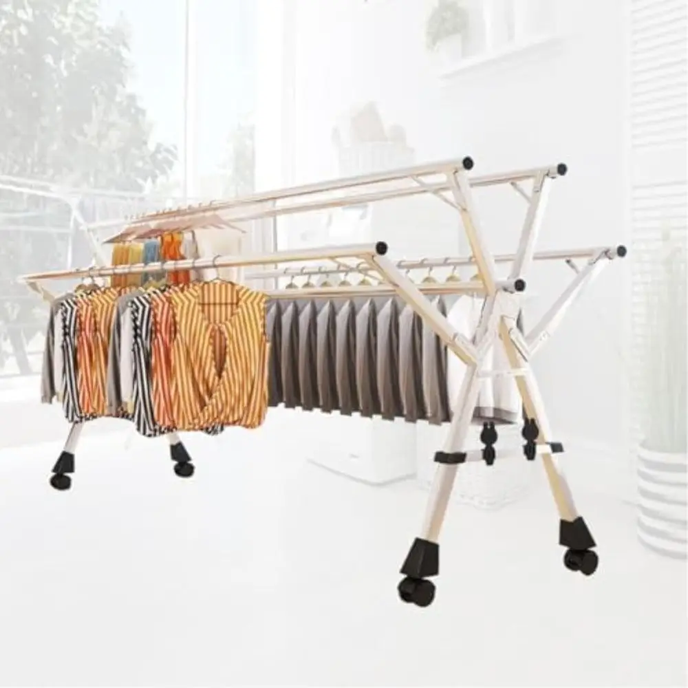 

Portable 5-Tier Stainless Steel Clothes Drying Rack with Wheels, Foldable and Space-Efficient for Indoor or Outdoor Use (240cm x