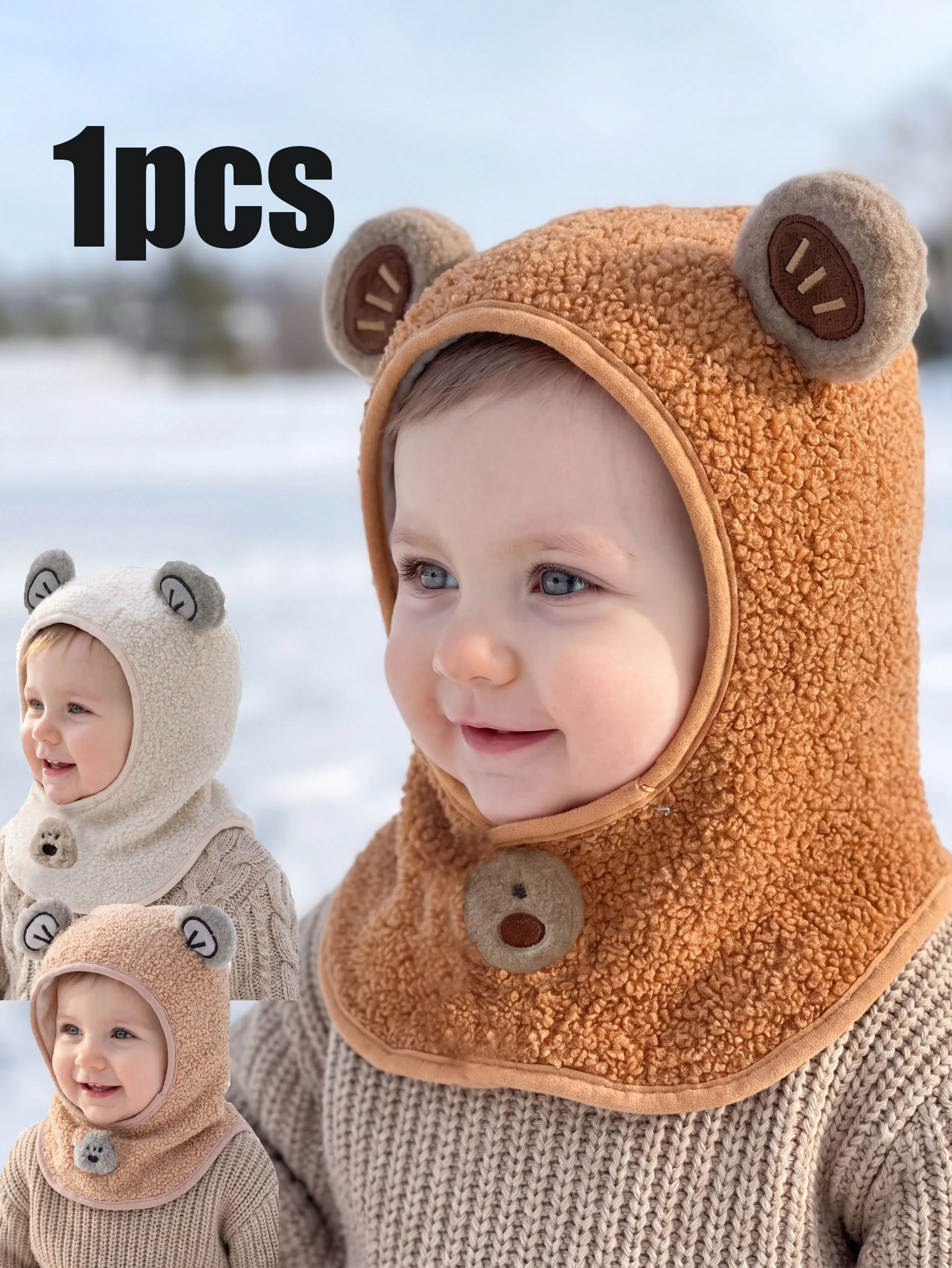 1pcs 1-3Y Cute Boys Kids Knit Balaclava, Cartoon Bear Ear Decor Soft Thin Integrated Cap