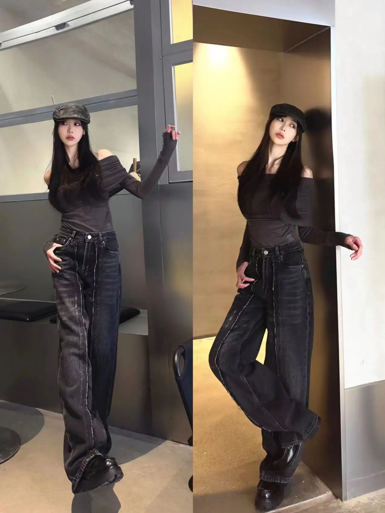 

Spring 2024 High Waist Straight Leg Jeans Women's Loose Slimming Grey Frayed Hem Denim Pants Tummy Control Long Leggings