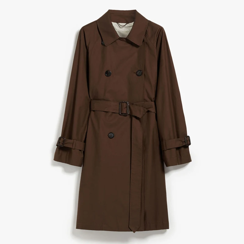 Elegante Trench da donna Beige-giacca a vento da lavoro in cotone antivento personalizzata medio-lunga doppiopetto