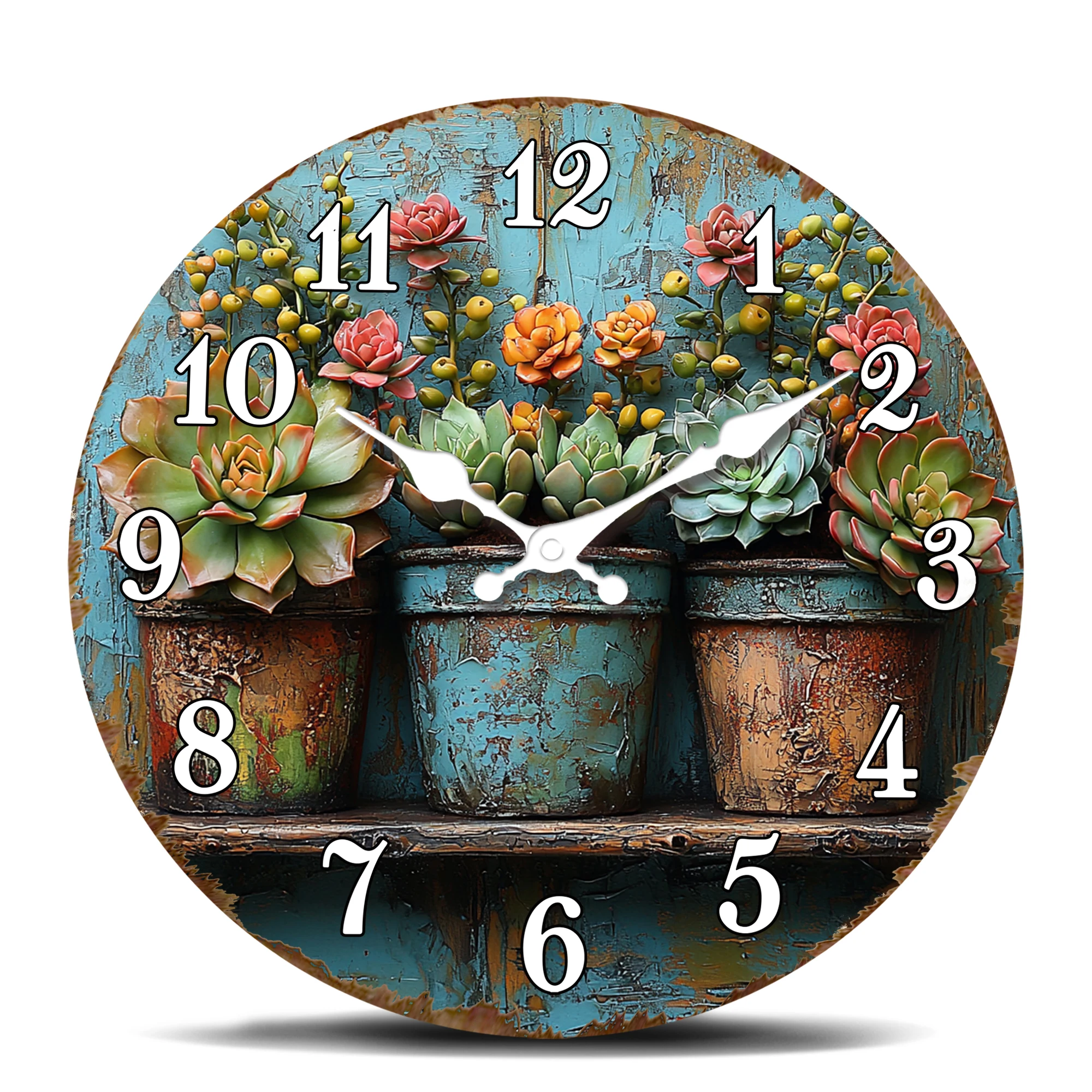 Colorful Succulent Plants Wall Clock, Rustic Garden Decorative Round Clock, Quiet Sweep Indoor Timepiece for Kitchen Bedroom Hom