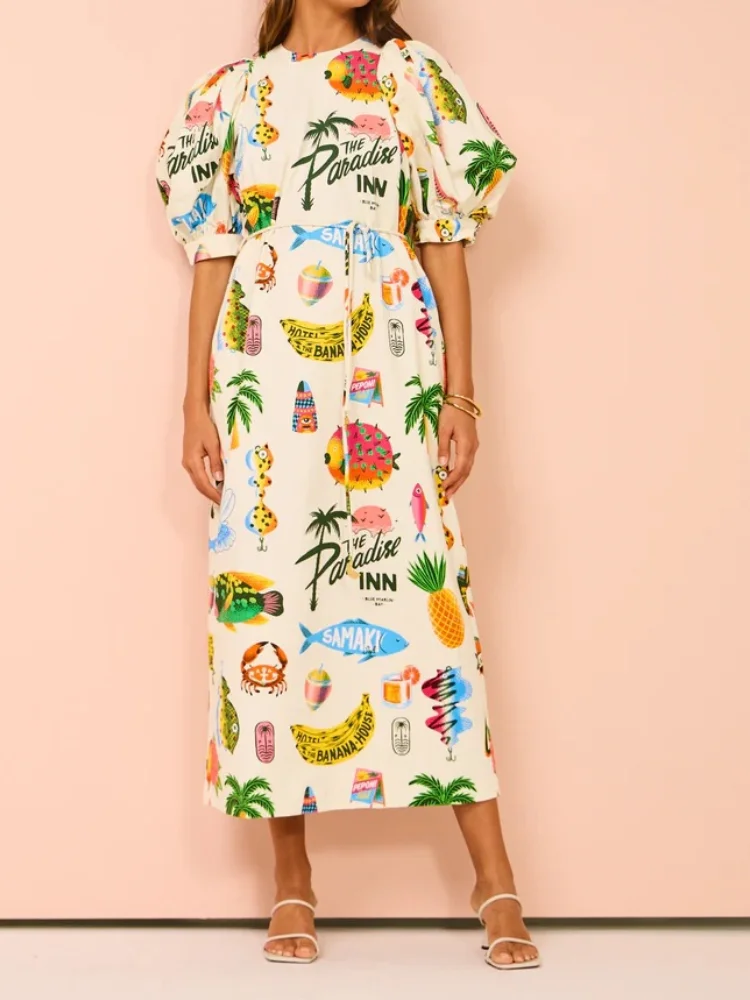 

2024 New Women Holiday Print Long Dress Short Sleeve Sashes Empire Waist Loose Vintage Retro Ladies Summer Beach Drsses