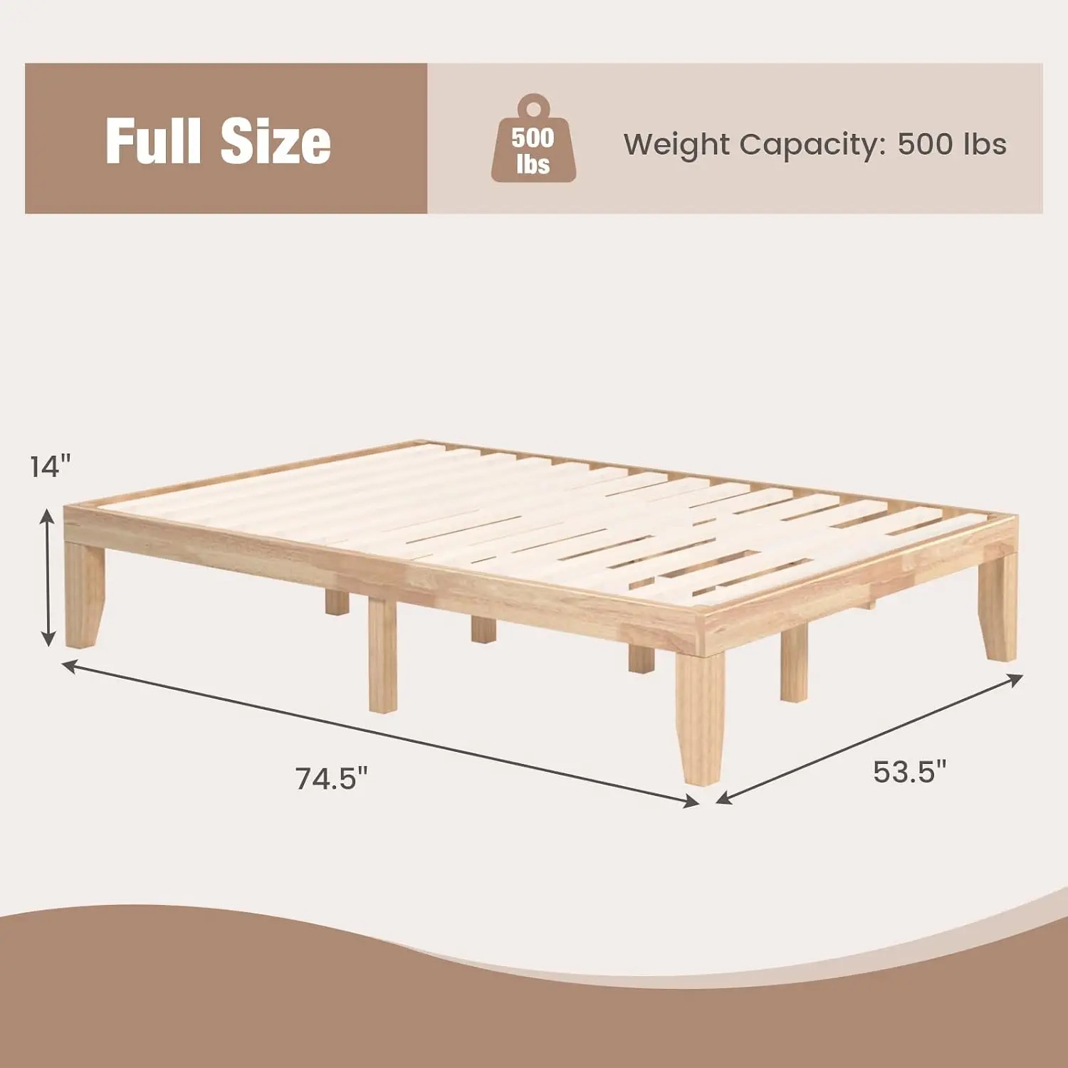 14 Inch Full Wood Platform Bed Frame Solid Rubber Wood Heavy Slat Support No Headboard Easy Assembly, Customized